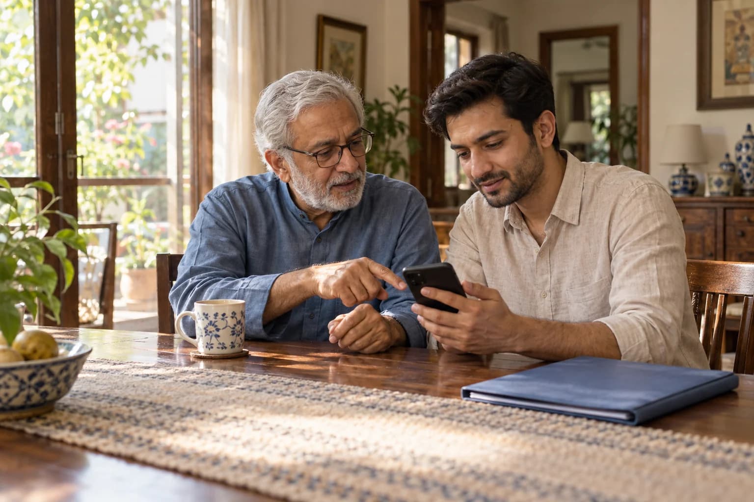 Illustration of a father and adult son looking through care information together