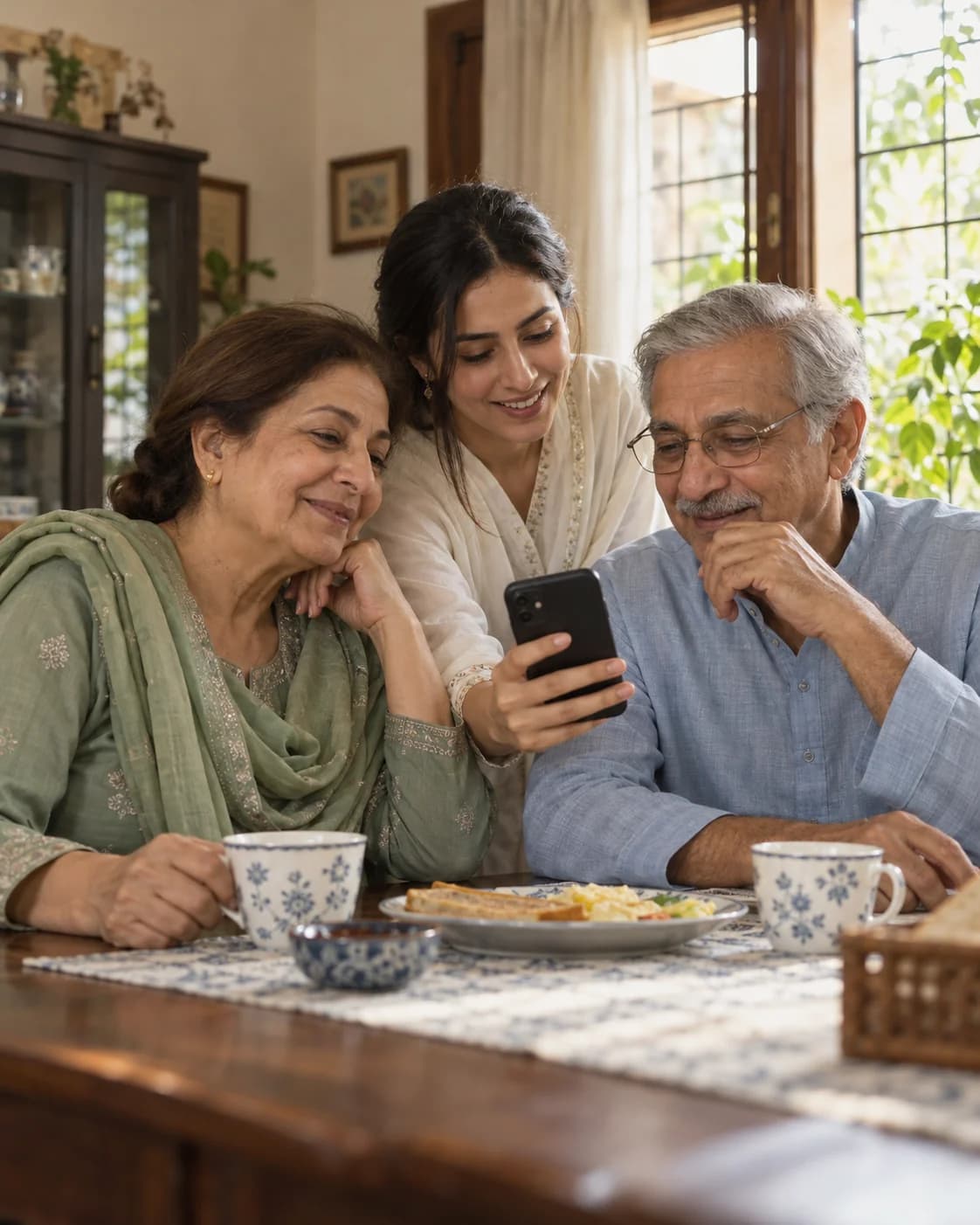 Illustration of an older mother and father looking at a phone with their adult daughter at breakfast